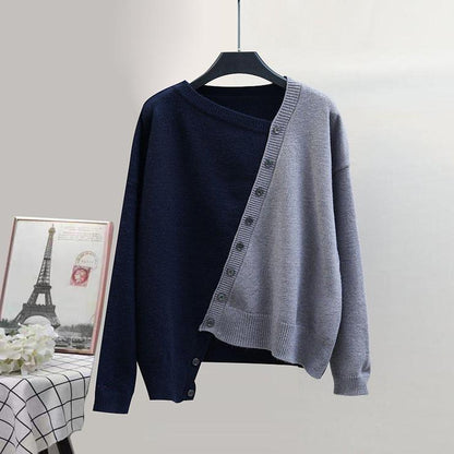 Asymmetrical Color Block Button Sweater