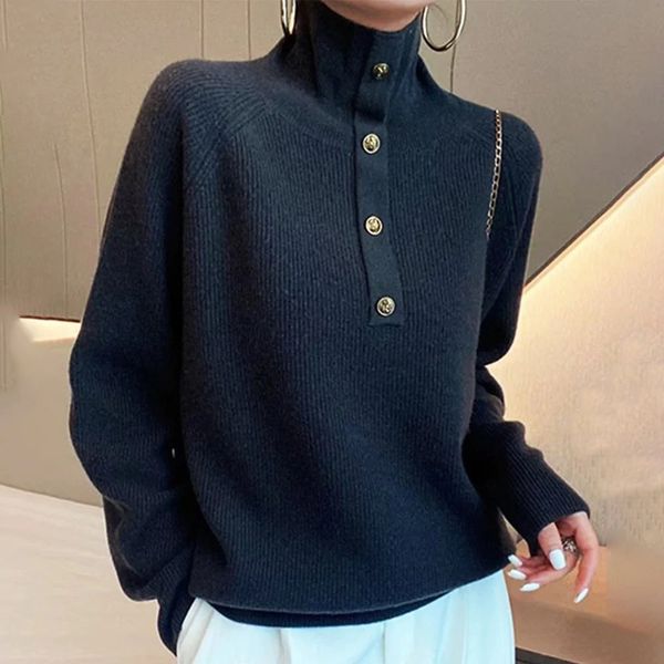 Black High Neck Button Sweater