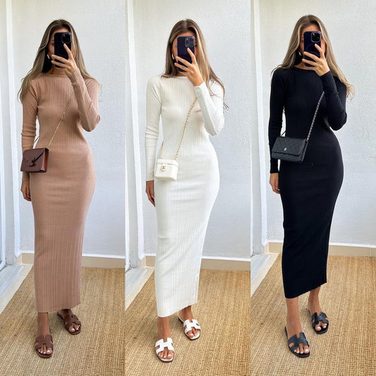 Fall&winter Solid Color Long Sleeve Sweater Dress