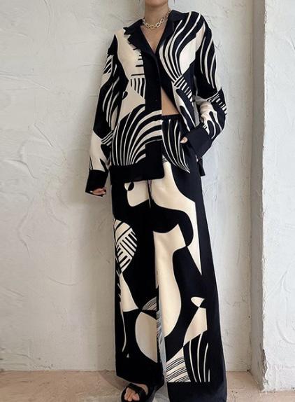 Casual Printed Loose Wide Leg Pants Suit