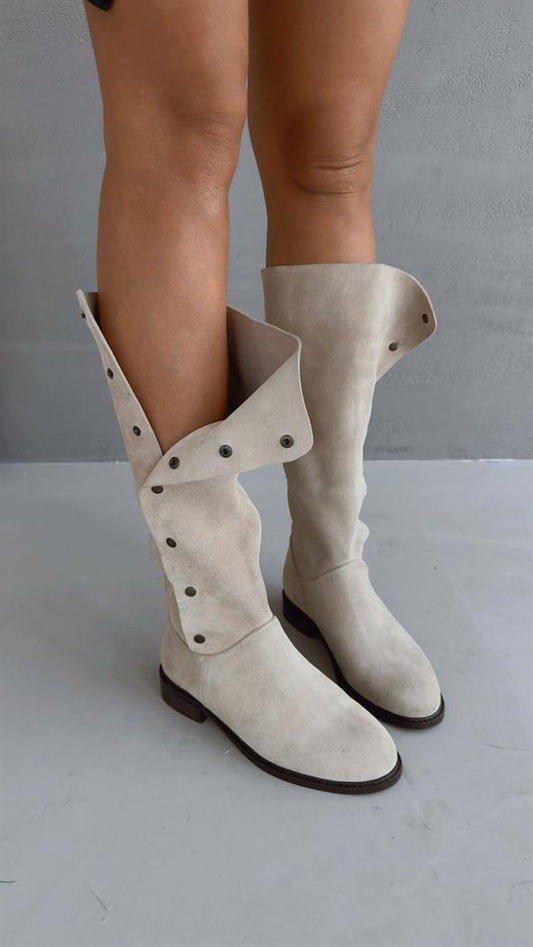 Suede Genuine Leather Women's Boots with Stud Detail