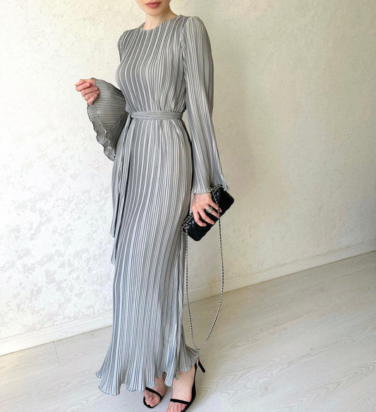 Long-sleeve Pleated Textured Maxi Dress