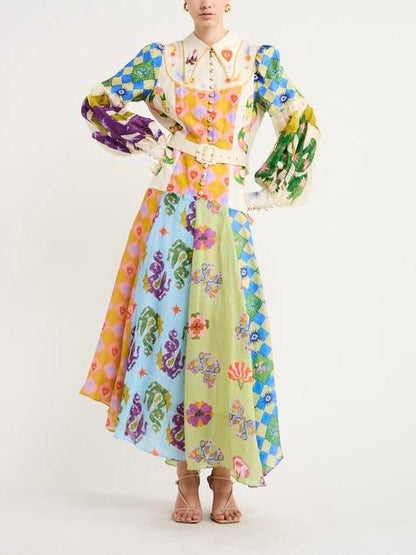 Balloon Sleeve Shirtdress In Multi