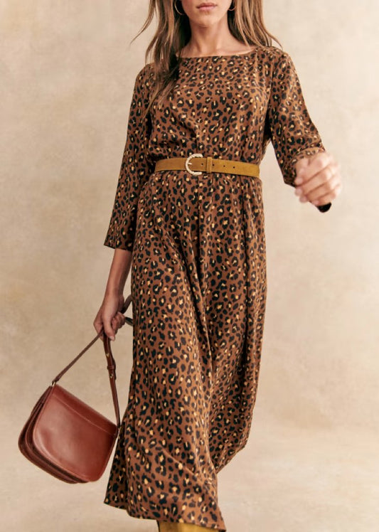 Cotton Leopard Print Long Sleeve Maxi Dress