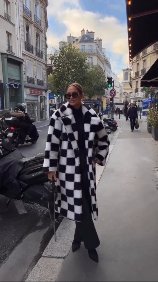 Checkered Black And White Plush Coat