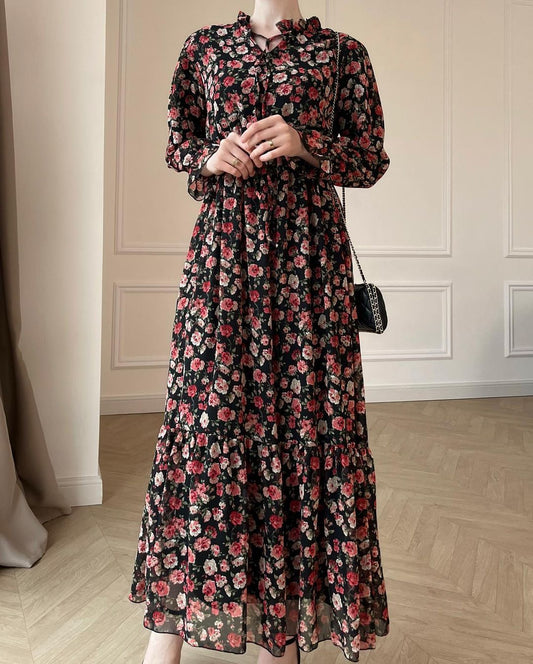 Floral Long Sleeve V-neck Maxi Dress