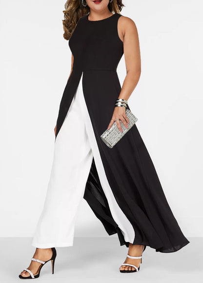 Black Contrast Round Neck Sleeveless Jumpsuit