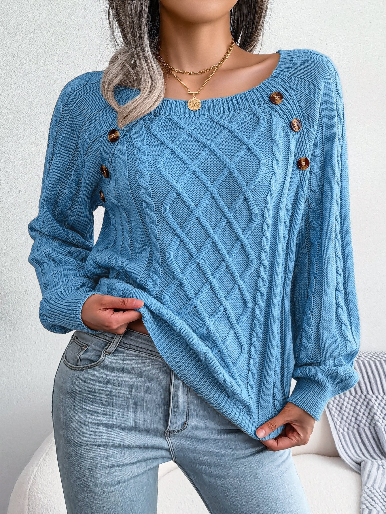 Square-neck Buttoned Knitted Pullover Sweater