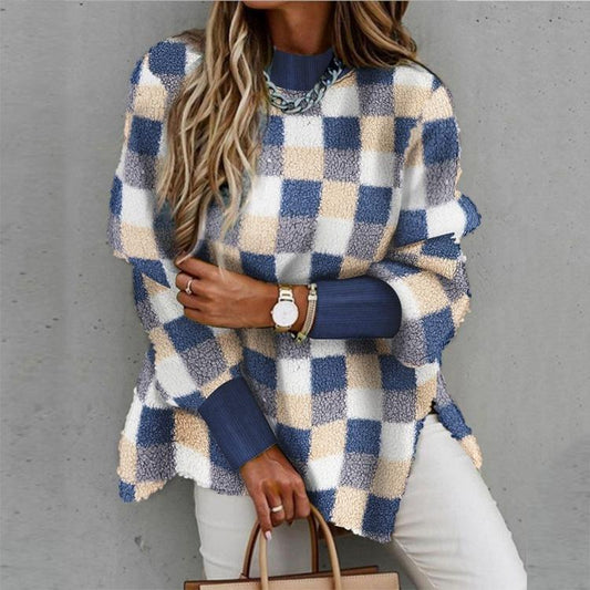 Plaid Half-high Neck Long-sleeved Sweater