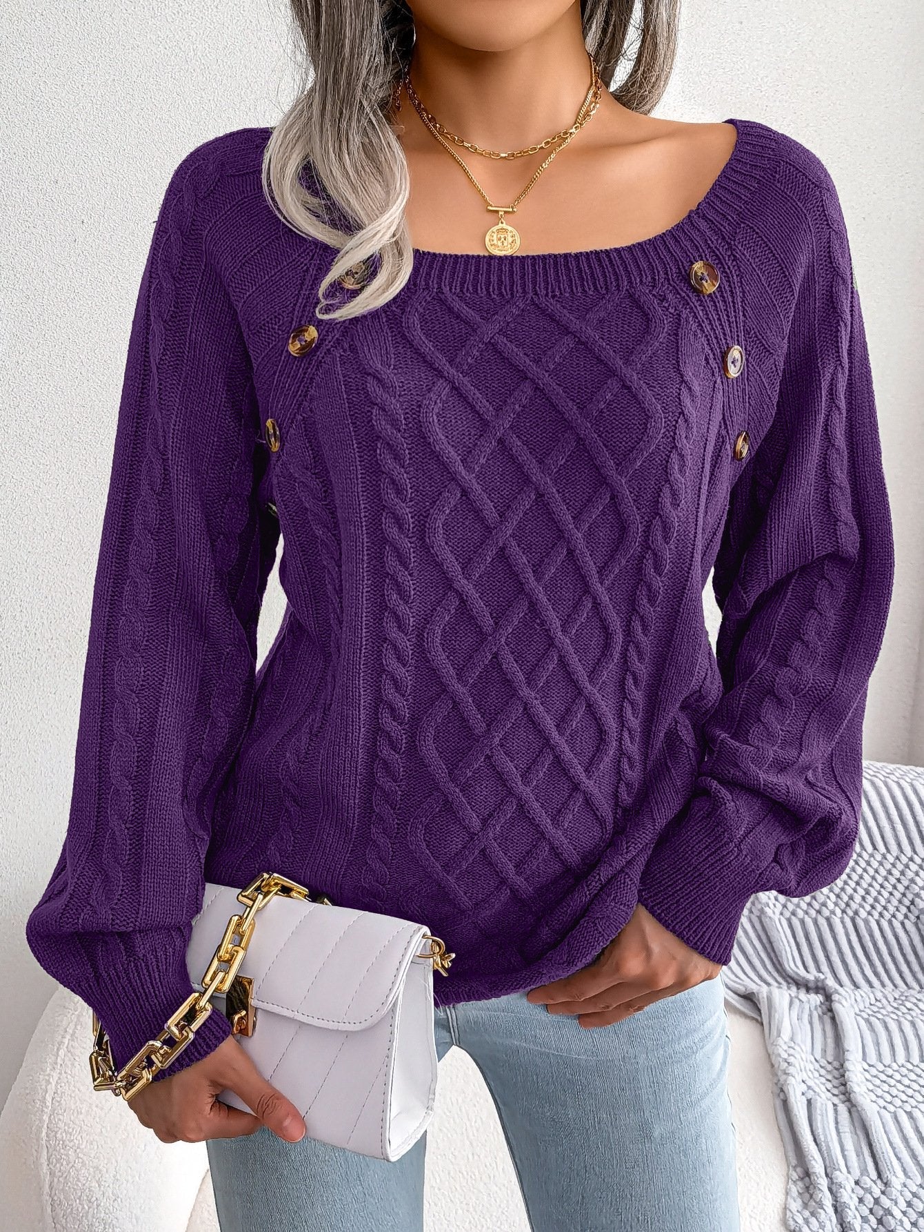 Square-neck Buttoned Knitted Pullover Sweater