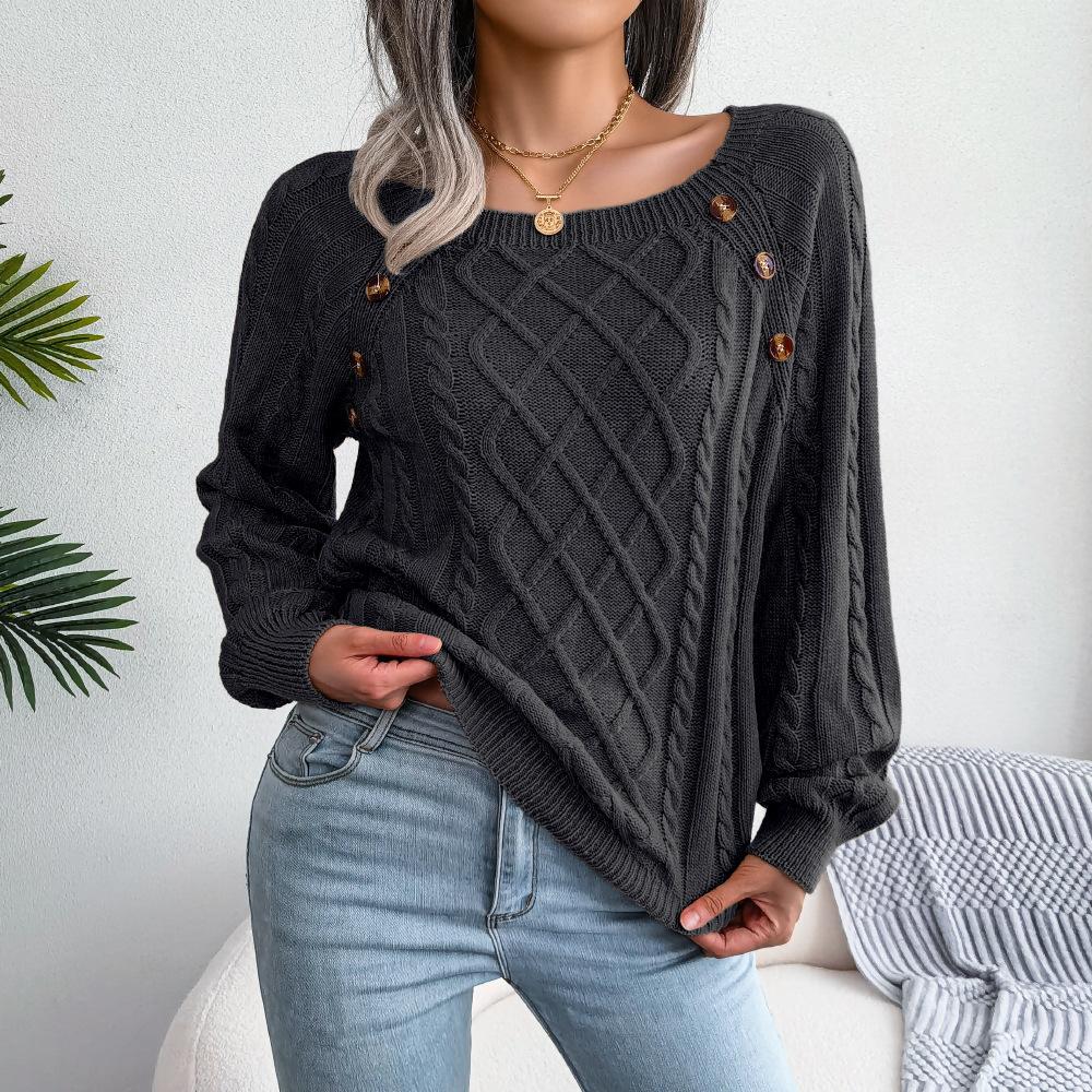 Square-neck Buttoned Knitted Pullover Sweater