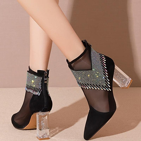 Mesh Rhinestone Thick Heel Women's Shoes