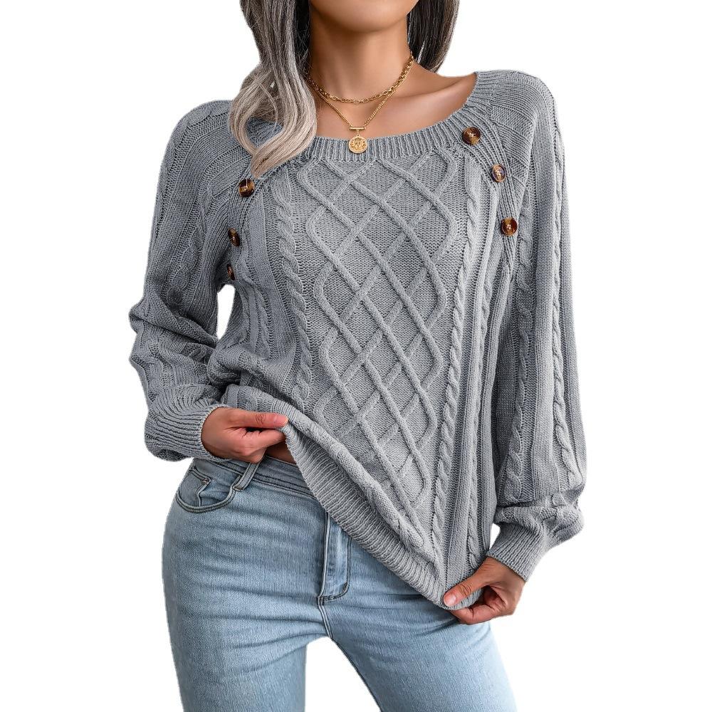 Square-neck Buttoned Knitted Pullover Sweater