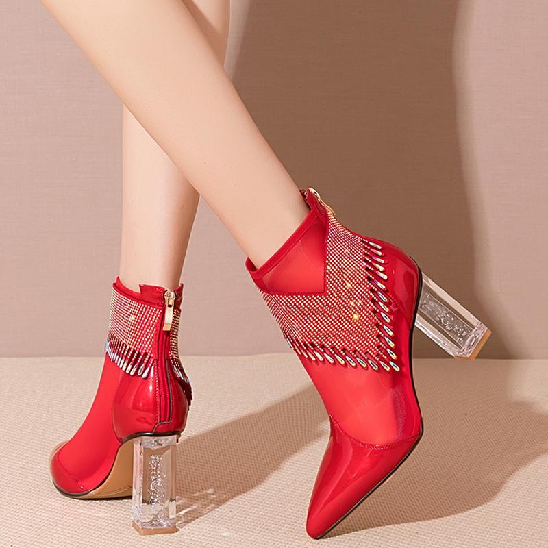 Mesh Rhinestone Thick Heel Women's Shoes