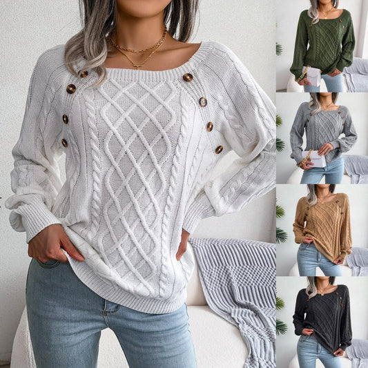 Square-neck Buttoned Knitted Pullover Sweater