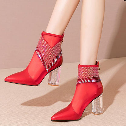 Mesh Rhinestone Thick Heel Women's Shoes