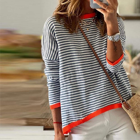 Orange Trim Black and White Stripe Long Sleeve Top