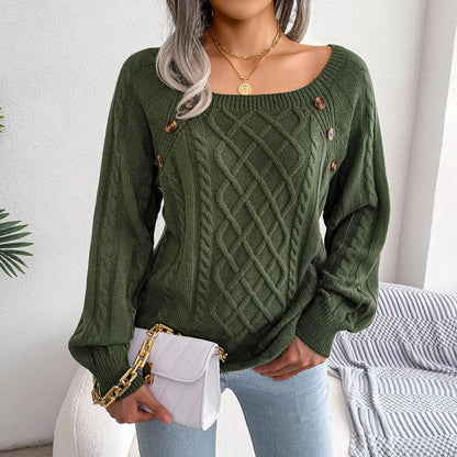 Square-neck Buttoned Knitted Pullover Sweater