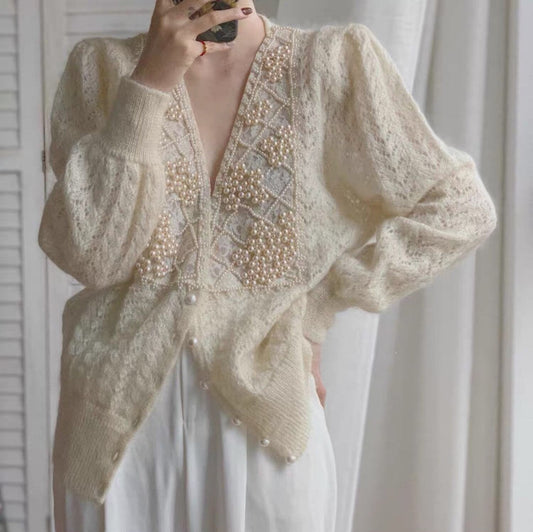 French Pearl Inlaid Temperament Knitted Cardigan