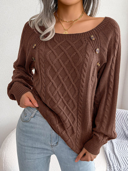 Square-neck Buttoned Knitted Pullover Sweater