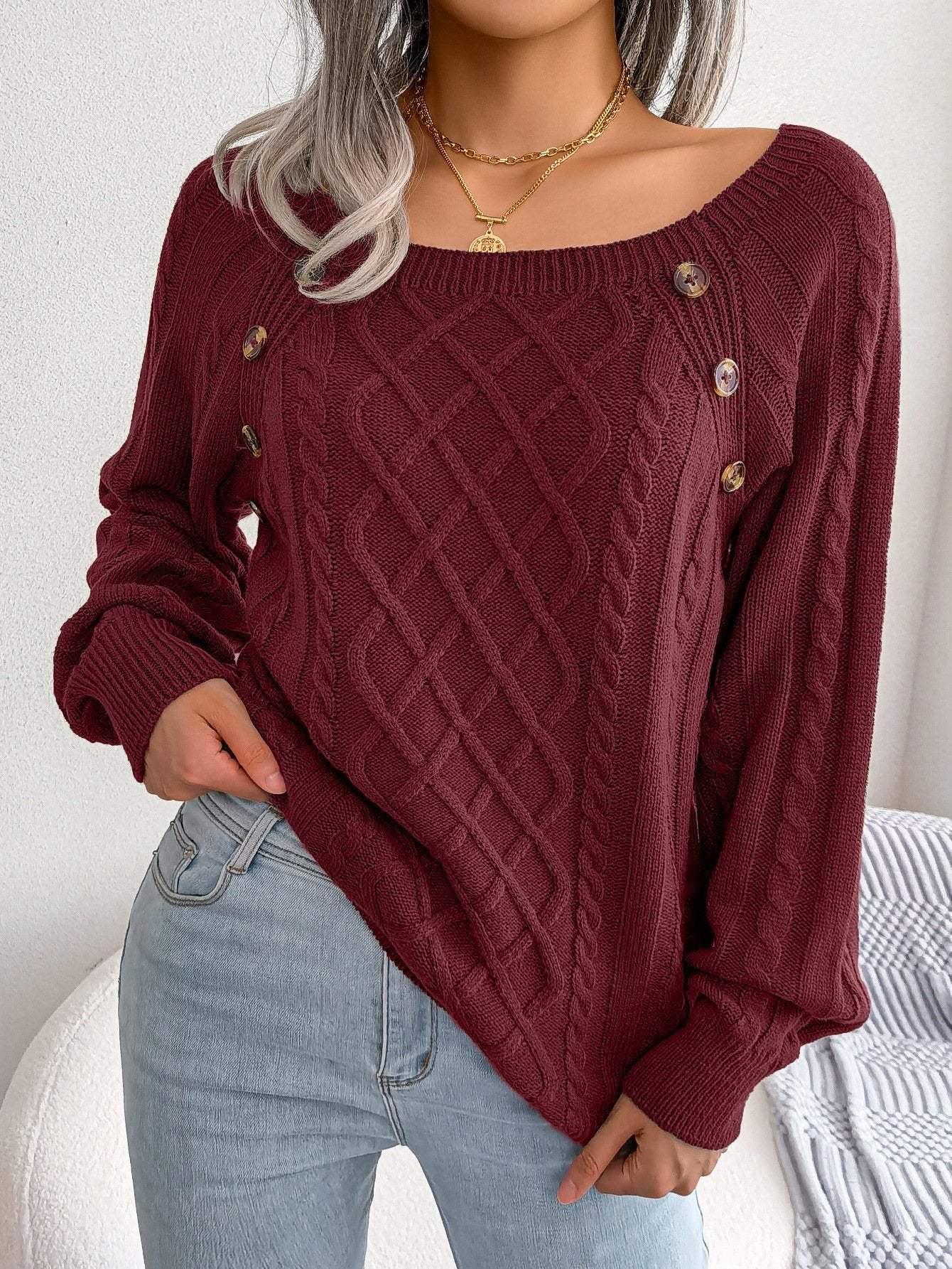 Square-neck Buttoned Knitted Pullover Sweater