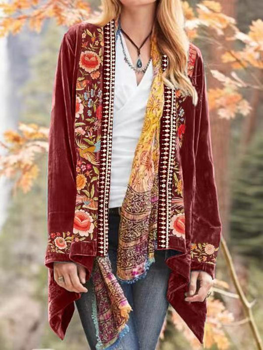 Boho Floral Pattern Open Front Cardigan