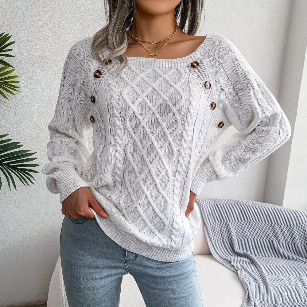 Square-neck Buttoned Knitted Pullover Sweater