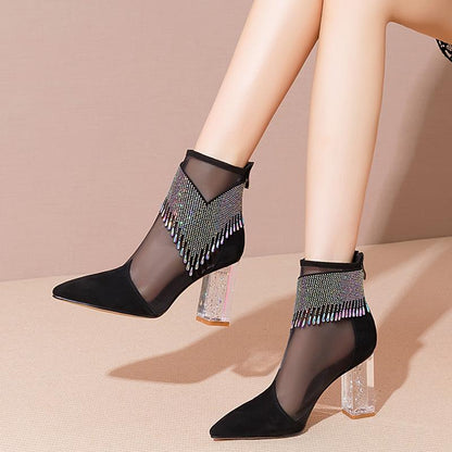 Mesh Rhinestone Thick Heel Women's Shoes