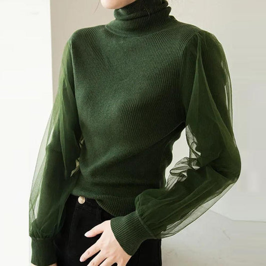 Green Plain High Neck Sweater