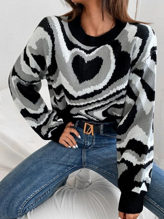 Irregular Print Round Neck Long-sleeved Knitted Sweater