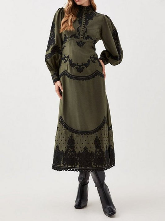 Olive Printed Lace Maxi Dress