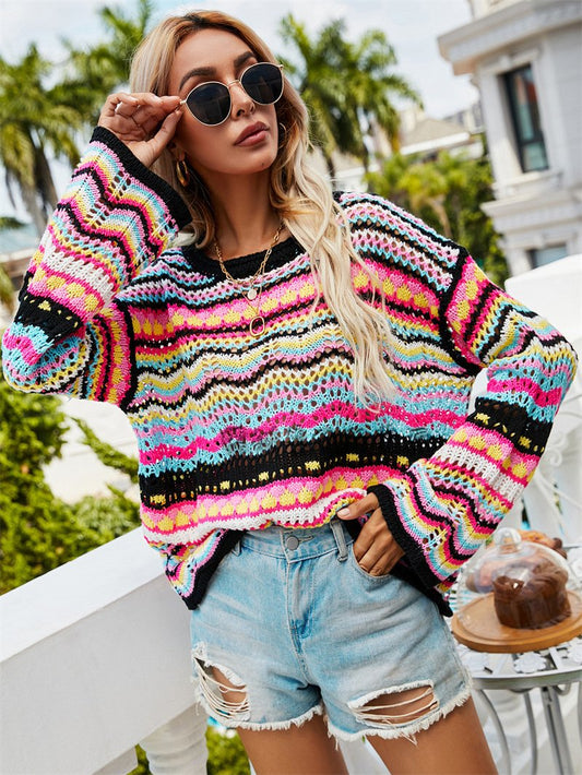 Paneled Knitted Striped Round Neck Sweater