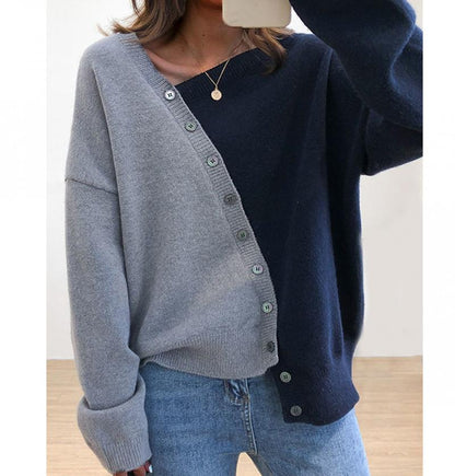 Asymmetrical Color Block Button Sweater