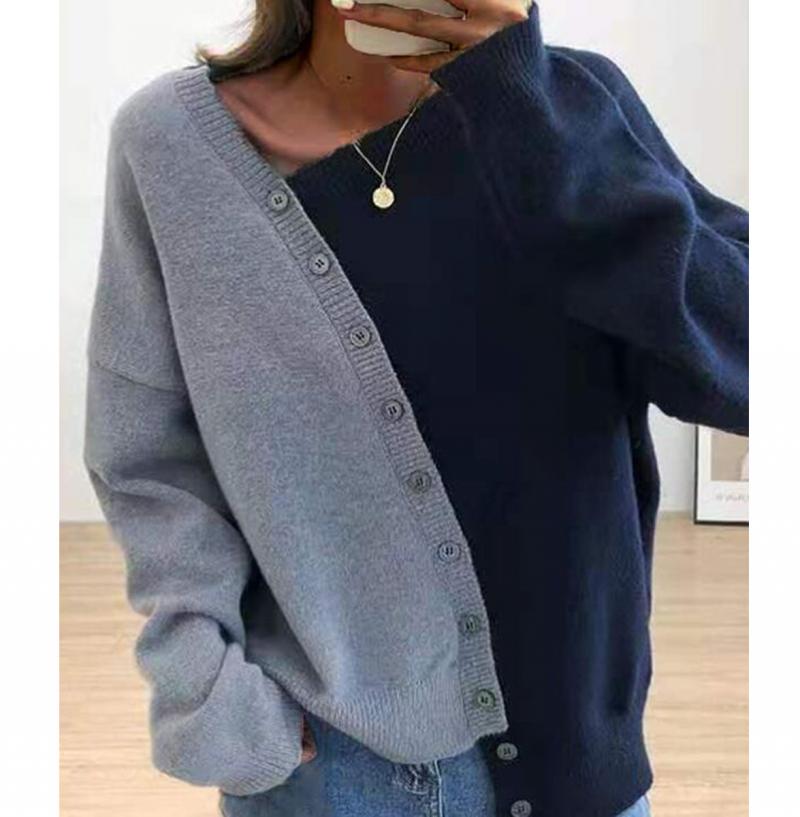 Asymmetrical Color Block Button Sweater