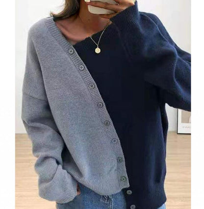 Asymmetrical Color Block Button Sweater